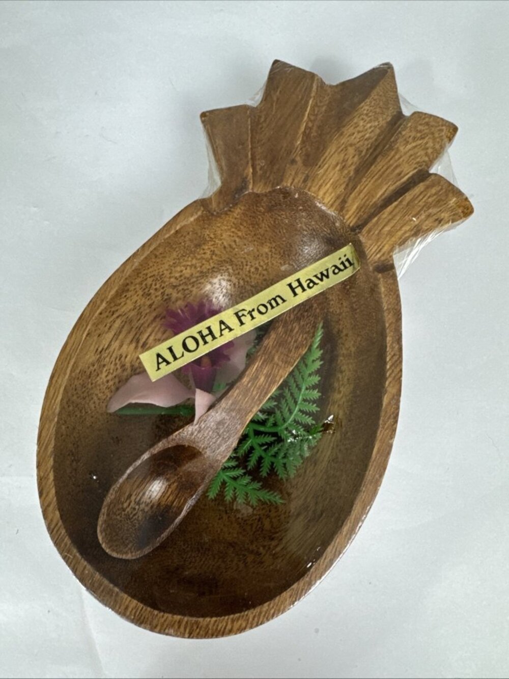 Vtg Hawaiian Wood Pineapple Dish and Spoon NEW trinket tropical tiki bar decor